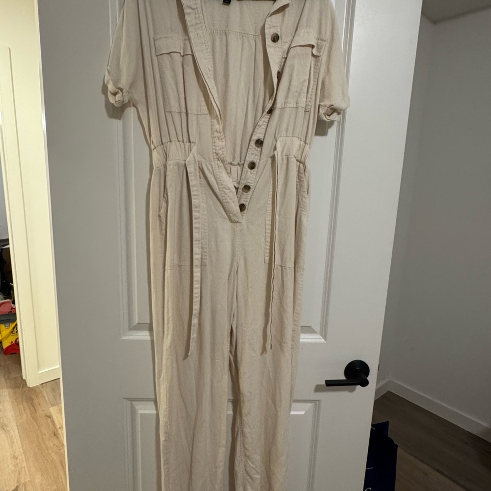 Universal Thread Beige Linen Blend Button-Front Jumpsuit